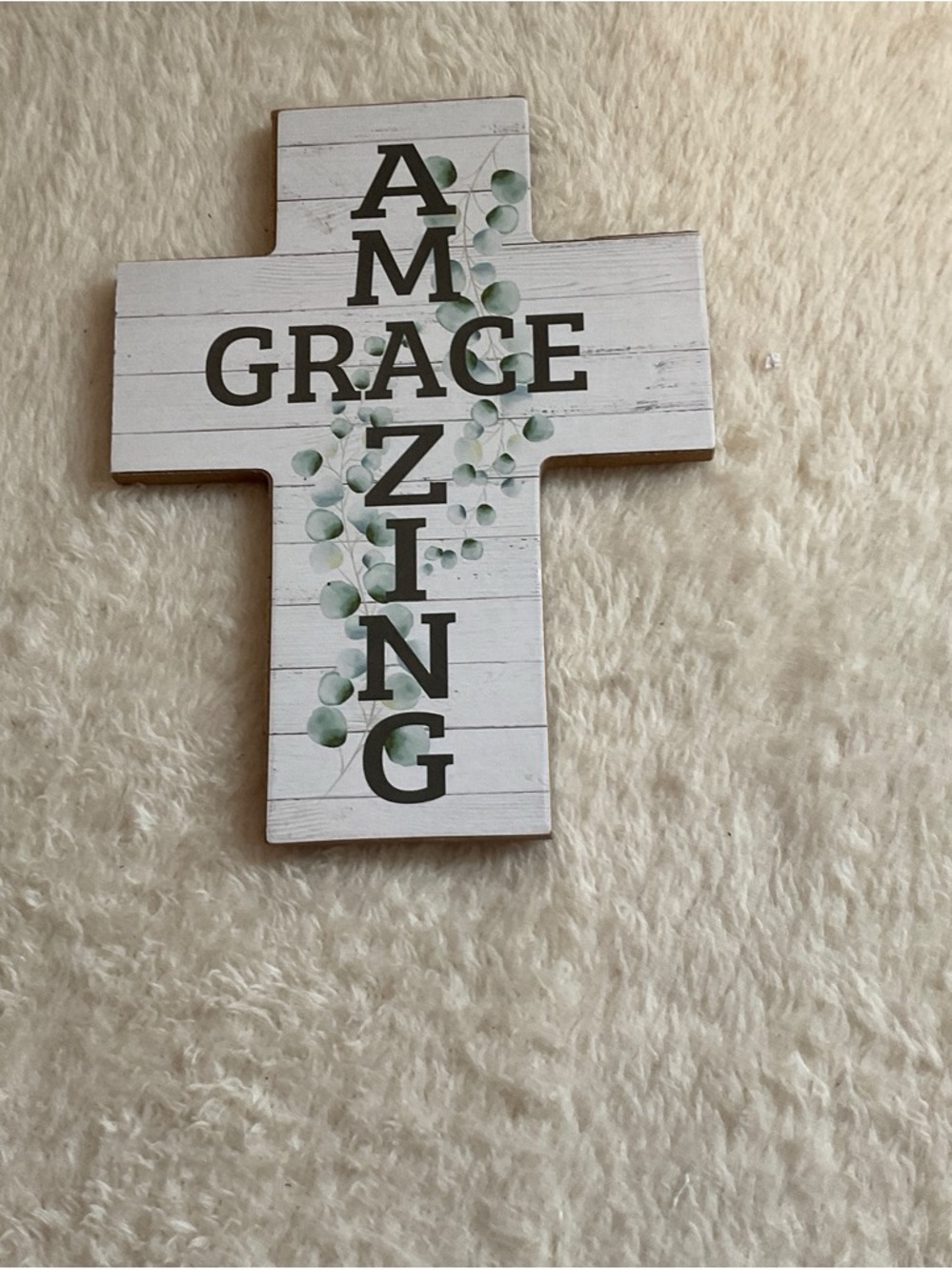 Grace Amazing Cross Wall Art – White & Green Eucalyptus Accent